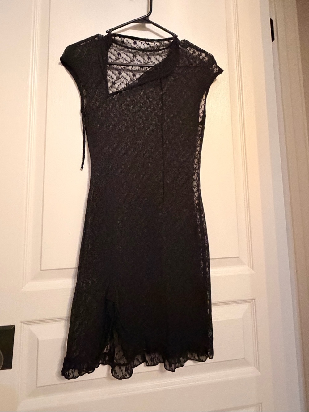 Sheer Black Lace Short-Sleeve Midi Dress